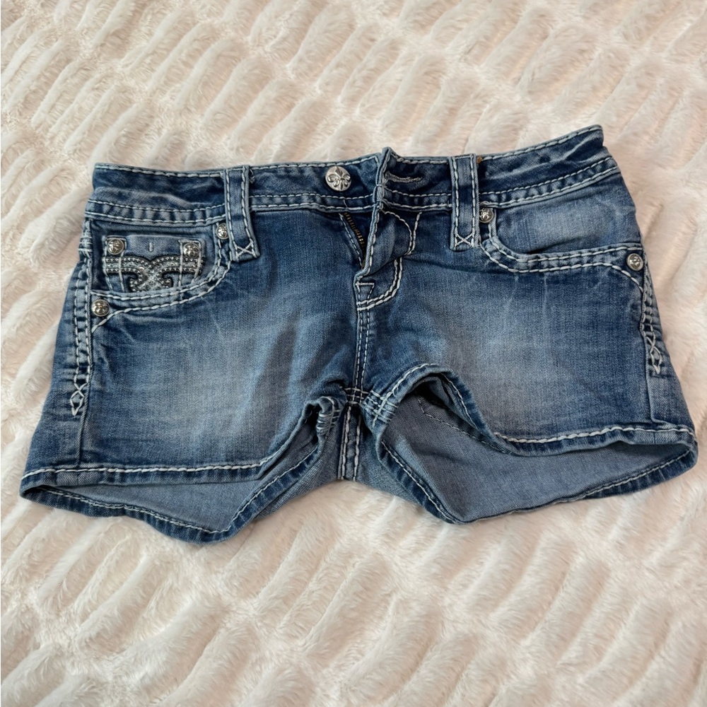 Rock Revival Blue Jean Shorts with Embellished Pockets